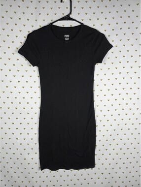 Victorias Secret PINK Ribbed Fitted Black Dress Stretchy Comfy Tee Shirt SMALL